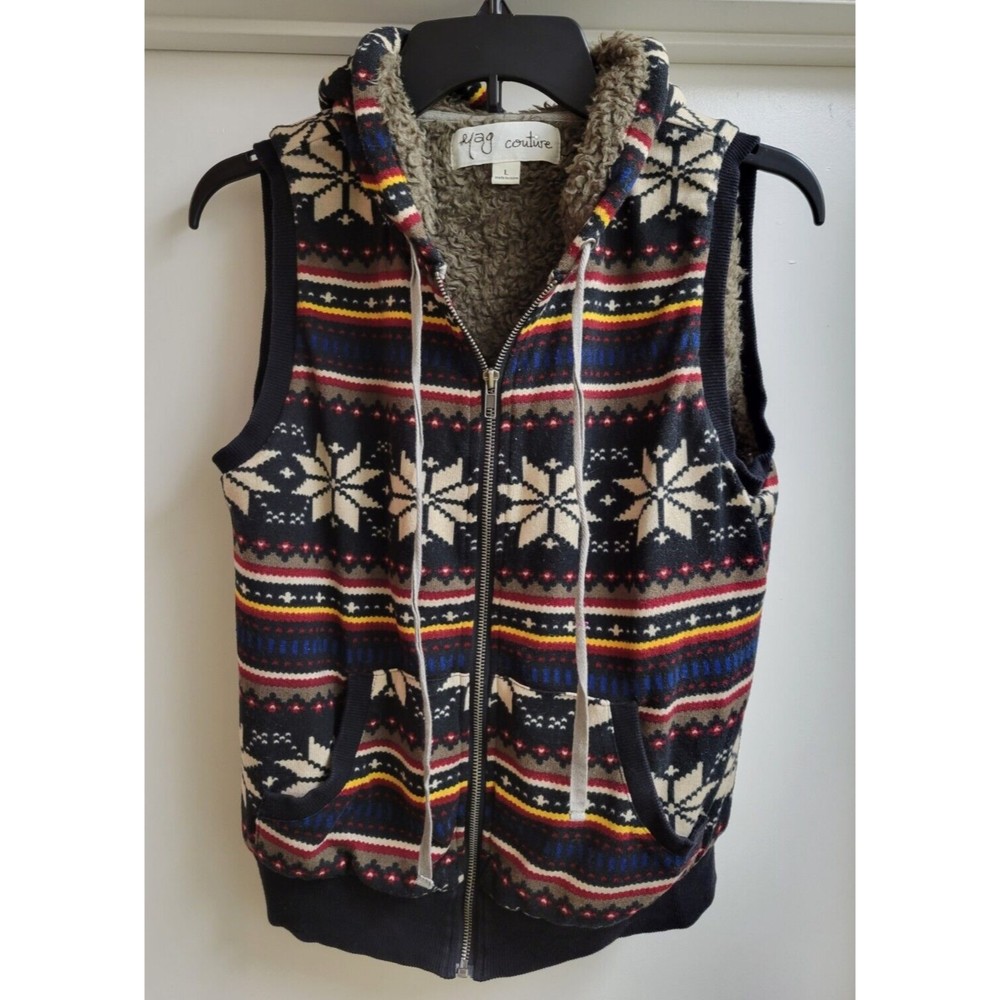 Women's Vest MAG COUTURE Black Snow Flakes Pockets Size Large Full Zip